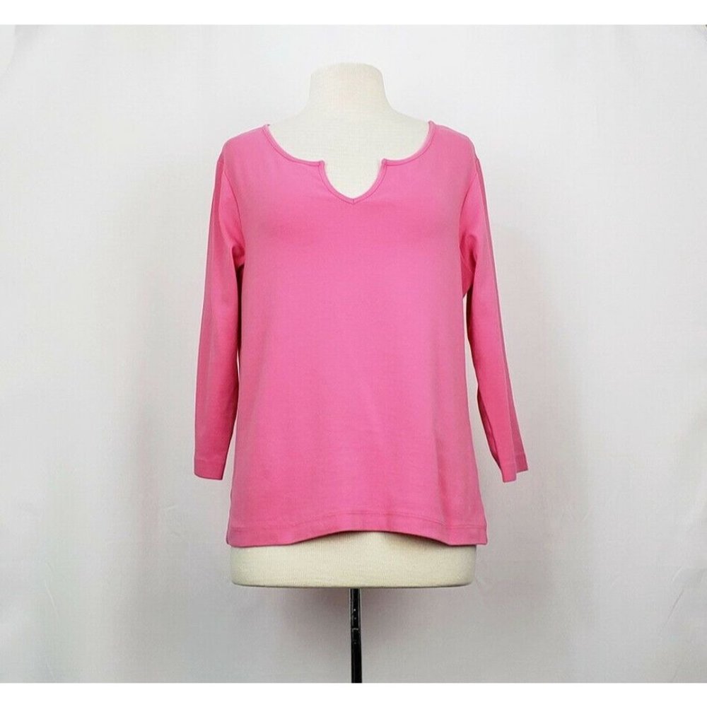 By Chico's Bright Pink Notched Neckline 3/4 Sleeve Top 2 Misses L